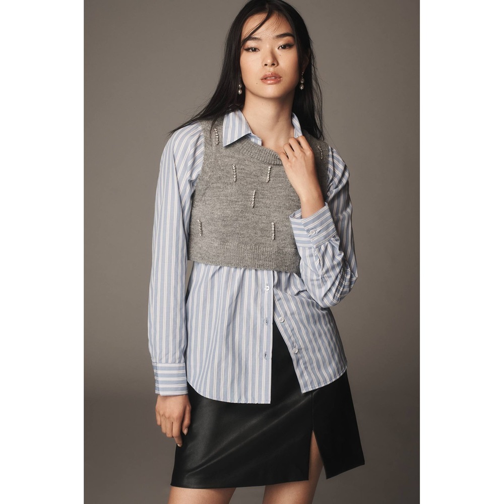 Maeve Embellished Layered Top Medium Blue White Striped Shirt Grey Sweater Vest